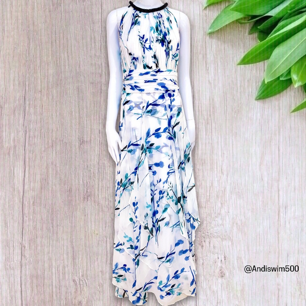 Calvin Klein Beaded Halter Floral Chiffon Gown; 8